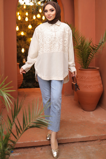 benguen 61640 Patterned Pearl Buttoned Shirt Stone Color