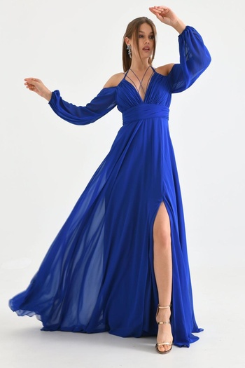 lovebox Lined Chiffon Fabric Slit Detailed Back Low-cut Maxi Length Saks Blue Evening Dress 9289