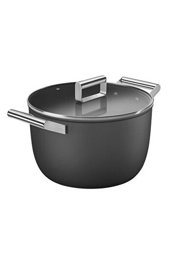 SMEG Cookware 50's Style Siyah Cam Kapaklı 26 Cm Tencere