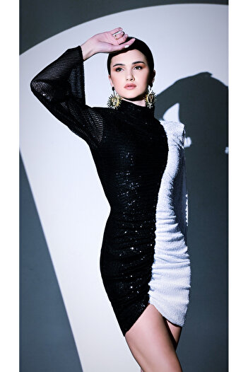 Gira official Black and White Sequined Color Block Mini Dress