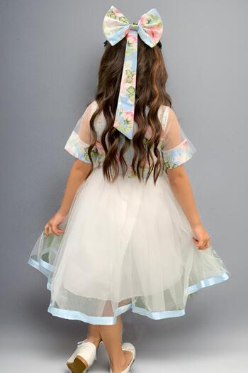 Riccotarz Girl's Tulle Rose Patterned Blue Dress with Ribbon Buckle and Ribbon Detail
