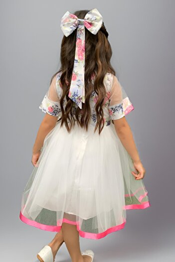 Riccotarz Girl's Ribbon Buckle and Ribbon Detailed Tulle Rose Patterned White Dress