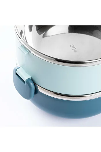 Tantitoni 024-01-TEDEMEI BLUE STAINLESS STEEL ROUND 2-LAYER FOOD CARRIAGE BOWL WITH FORK AND SPOON 850ML