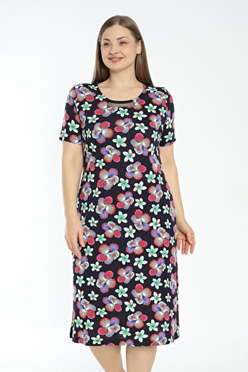 İntensive women's floral print gauze detail pocket plus size short-sleeved dress