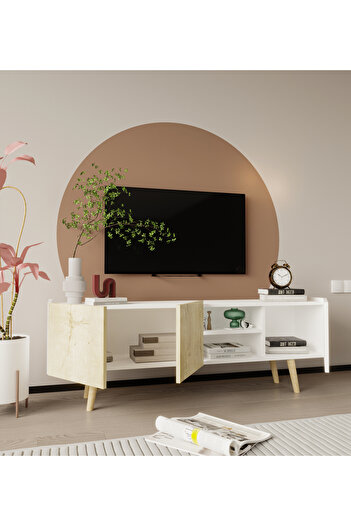 VM VERTEX MOBİLYA Milano Ahşap Ayaklı Modern Tv Ünitesi 160 Cm Safir Meşe - Beyaz