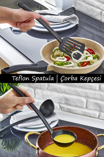 Sekiz8 Set of 2 Teflon Spatulas and Soup Ladles, Fireproof Non-Stick Practical Kitchen Serving Set