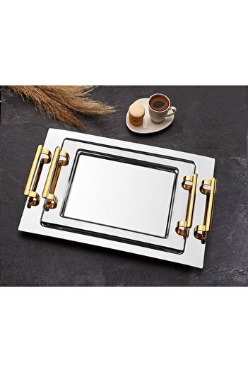 AHİR TİCARET Inter Steel Nile Model Gold Double Tea & Coffee Presentation Trays