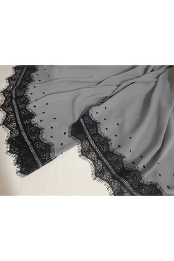 AGH Değerli Hediyeler Gray Crepe Chiffon Fabric Hand Embroidered with Short Lez Lace Bıt Stoned Luxury Shawl