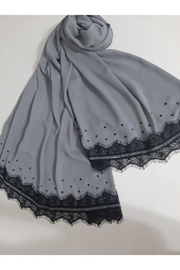 AGH Değerli Hediyeler Gray Crepe Chiffon Fabric Hand Embroidered with Short Lez Lace Bıt Stoned Luxury Shawl
