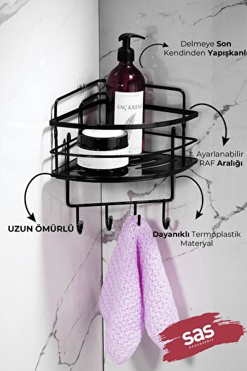 Sas Haus Hanging Bathroom Organizer with Stainless Crystal and Shelf - Adhesive Shampoo Holder Corner Lk-01 Sssk