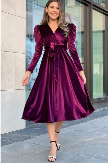 zks grup tekstil Plum Watermelon Sleeve Double Breasted Velvet Belted Plus Size Dress