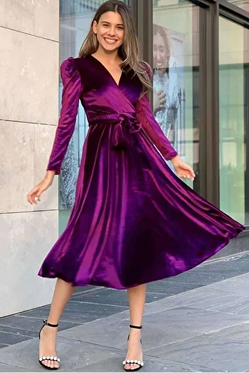 zks grup tekstil Purple Watermelon Sleeve Double Breasted Velvet Belted Plus Size Dress