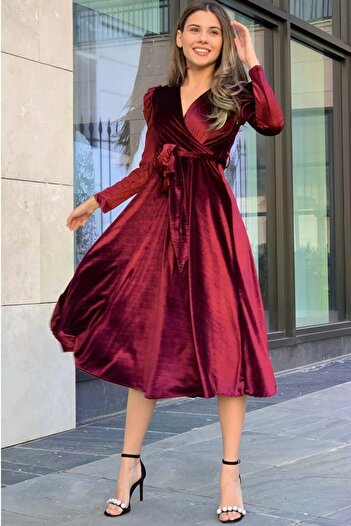 zks grup tekstil Burgundy Watermelon Sleeve Double Breasted Velvet Belted Plus Size Dress
