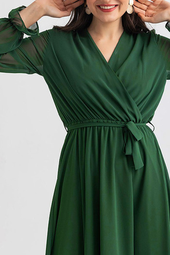 zks grup tekstil Φόρεμα σιφόν με διπλό γιακά Pine Green