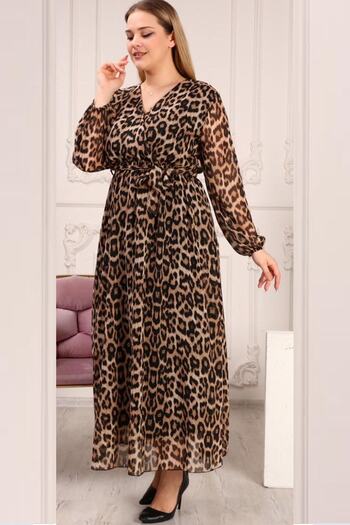 zks grup tekstil Black Leopard Pattern Lined Maxi Plus Size Chiffon Double Breasted Dress