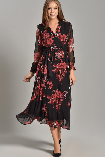 zks grup tekstil Pomegranate Flower Double Breasted Collar Black Chiffon Dress