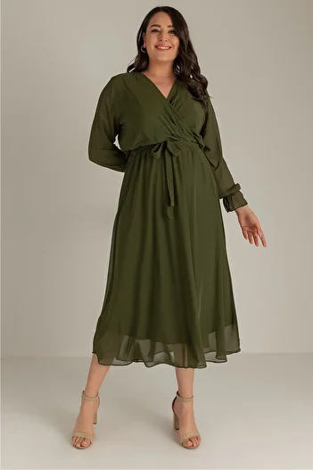 zks grup tekstil Φόρεμα σιφόν με φόδρα Χακί Plus Size