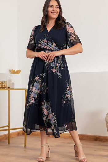 zks grup tekstil Navy Blue Floral Short Sleeve Lined Plus Size Chiffon Dress
