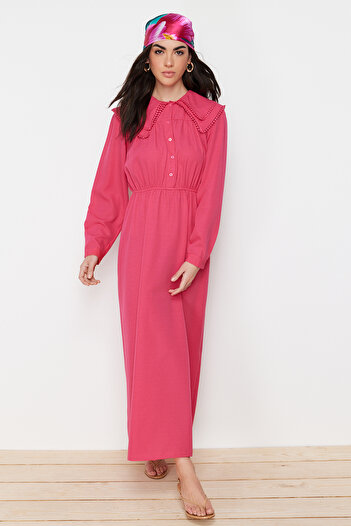 Trendyol Modest Φούξια υφασμένο λινό φόρεμα με γιακά μωρό TCTSS24EB00061