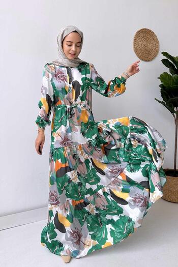 Ka Hijab Floral Satin Dress - Green