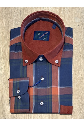 Daniel Bessi Long Sleeve Slim Fit Collar Velvet Detailed Plaid Patterned Cotton Men's Classic Shirt