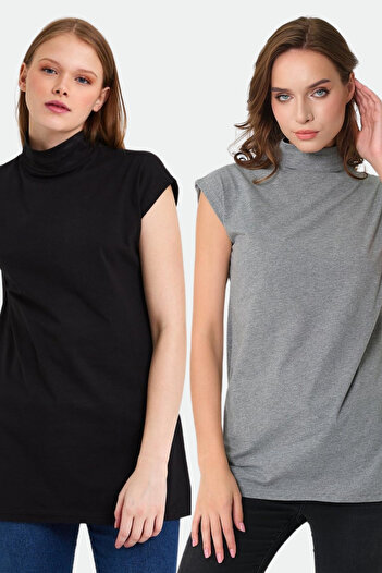 ESPİNA Women's 2-pack Stand Collar Sleeveless Knitted Cotton Tunic