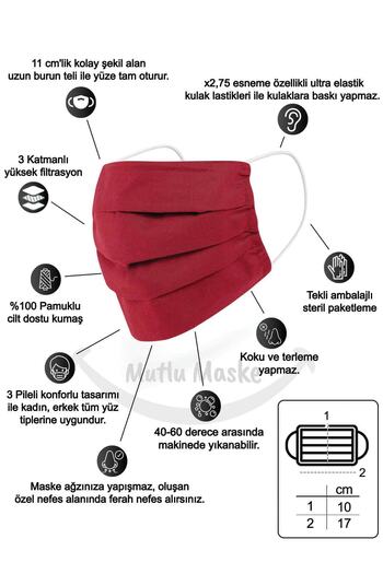 Mutlu Maske Konfor Modeli 3 Katlı Uzun Burun Telli Kırmızı Renkli Unisex Pamuklu Kumaş Yıkanabilir Maske