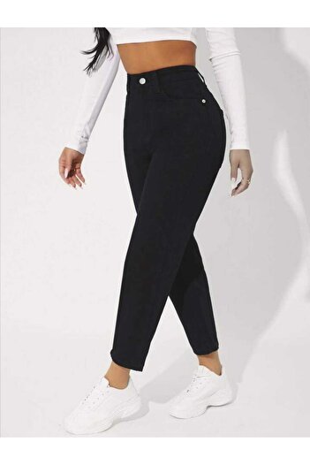 Trn JNS Black High Waist Lycra Mom Jeans