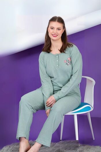 MEBA Wide Fit Mother's Winter Long Sleeve Green Plus Size Pajama Set - single Flower