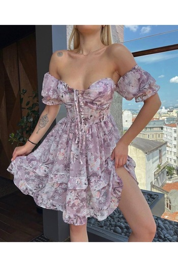 Ekim Store Gloped Sunset Flower Pattern Chiffon Dress