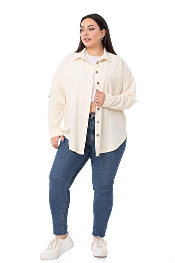 DISENTIS MODEST Plus Size Folded Sleeves Metal Button Ecru Shirt