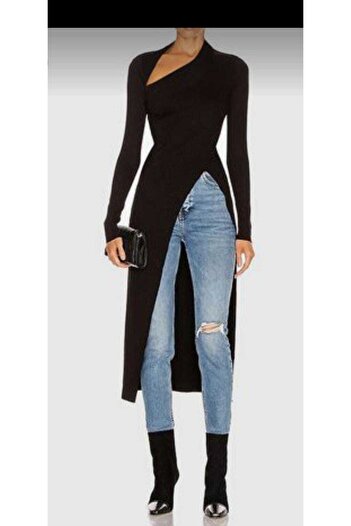 Nsb Tasarım Women's Asymmetric Cut Black Long Tunic