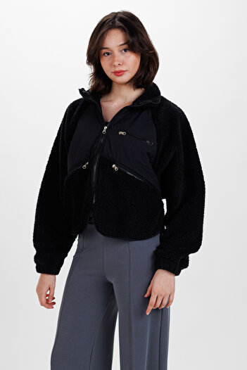 Ecrou Black Knitted Fleece Coat - Women's, Zippered, Oversize