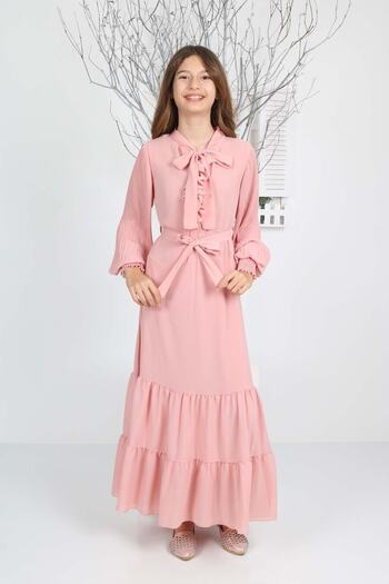 Asortik Kids Kız Çocuk Şifon Kumaş Astarlı Uzun Boydan Tesettür Elbise