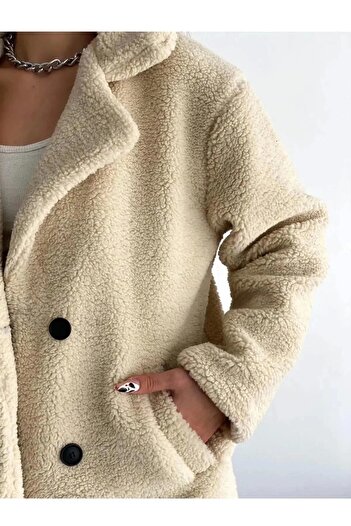 bm bessomoda fashion boutique Γυναικείο βελούδινο μπεζ παλτό Wellsoft με κουμπιά