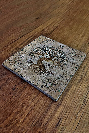Begoloni Stone Decor Tree of Life Printed Trivet Natural Stone - 20X20Cm Teapot Pot Pan Coaster