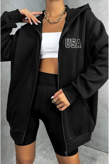 ZEMLİYA 2ip Knitted USA Printed Fabric Printed Zippered Hooded Sweatshirt Cardigan