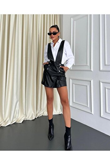 GİZAY Faux Leather V-Neck Salopet Shorts