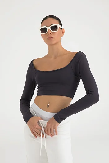 SHEISMONO Soft Touch Oval Collar Short Blouse Smoked