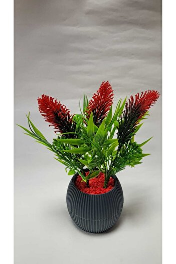 La bella bazar Grass Green Artificial Plant in Mini Pot Red Stone 17 cm Decorative Bathroom Kitchen Table Flower