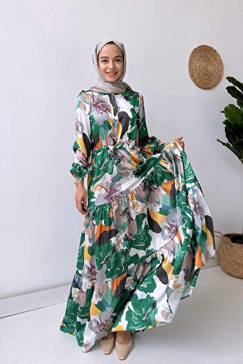 Ka Hijab Floral Satin Dress - Green