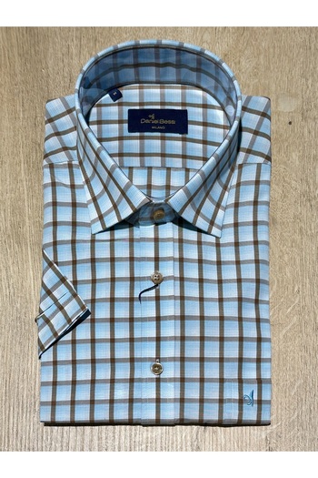 Daniel Bessi Short Sleeve Regular Fit Brown Checkered Turquoise Classic Men's Shirt with Pockets