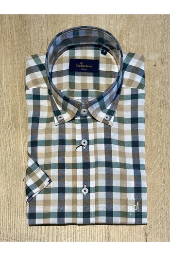 Daniel Bessi Short Sleeve Regular Fit Beige Checked Green Classic Men's Shirt with Pockets