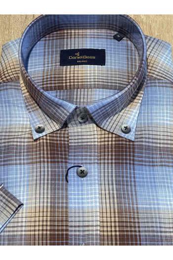 Daniel Bessi Short Sleeve Regular Fit Brown Checkered Blue Classic Men's Shirt with Pockets