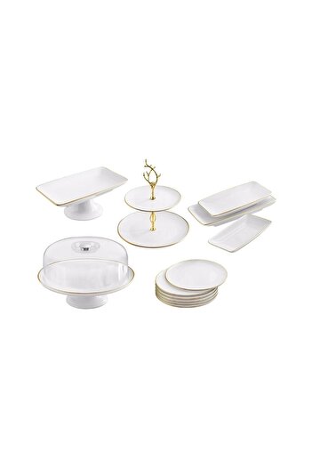 Mabeyn 13 Piece Ceramic White Gold Cake Serving Presentation Plate Set