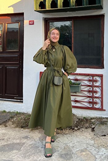 Ceylan Otantik Khaki Koton Balloon Skirt & Khaki Classic Collar Crop Shirt Set