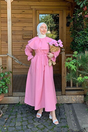 Ceylan Otantik Pembe Geniş Yakalı Marul Kol Elbise I Melek