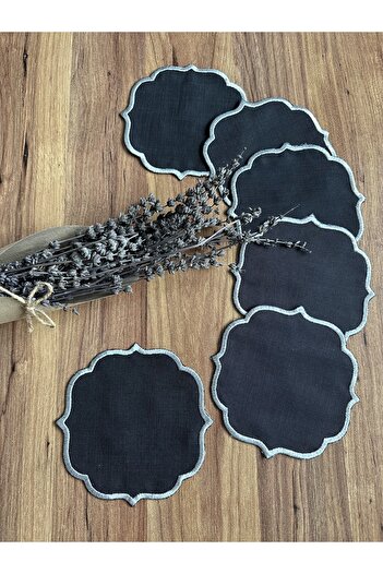 Nurhanhome 6 Pieces Black Color Linen Fabric Edges with Silver Embroidery Coffee Side Cocktail Presentation Napkins