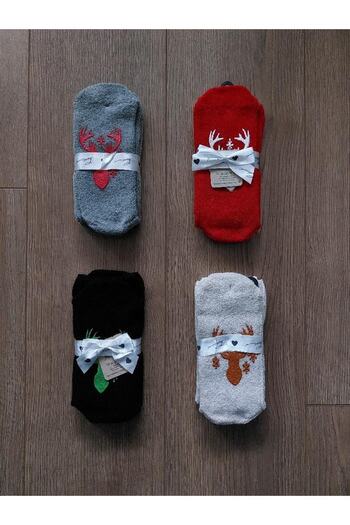 Aytuğ New Year 4 Pairs Sole Bottom Deer Print Patterned Towel Group Red-black-white-grey Socks