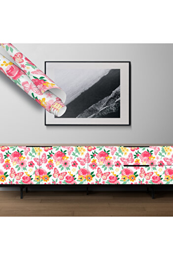 Dekoros Pembe Yapışkanlı Folyo, Kelebek Çiçek Desenli Suya Dayanıklı, Dekoratif Sticker Kağıt Kaplama 1303